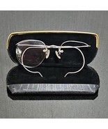 Vintage Rimless Eyeglasses Silver Antique Bridge Drill Mount Glasses + Case - $72.94