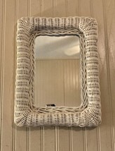 Vintage Mid Century 60s 70s White Wicker Rattan Wall Hanging Mirror 12&quot; x 16&quot; - £22.64 GBP