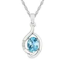 10k White Gold Genuine Oval Blue Topaz and Diamond Pendant Necklace - £79.92 GBP+