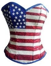 USA Flag Blue Satin Sequins Burlesque Costume Overbust Corset for Waist Trainer - £68.40 GBP