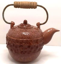 Stoneware Teapot Acorn Shape with Lid &amp; Brass and Wood Handle Vintage - £27.51 GBP