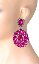 3.25&quot; Long Cluster Clip On Earrings Fuchsia Pink Rhinestones Drag Queen ... - $18.95