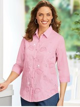 New Adrian Delafield Women&#39;s Size Large Pink Blouse Embroidered Sequin Foliage - £12.33 GBP