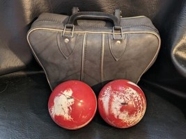 Lot of 2 Heelco Duck Candle Pin Bowling Balls Red White Swirl Grey Bag - $79.16
