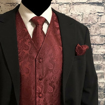Burgundy XS to 6XL Paisley Tuxedo Suit Dress Vest Waistcoat &amp; Neck tie H... - $27.09+