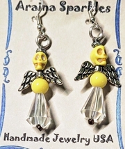 Skull Candy Fairy Earrings Yellow Howlite &amp; Glass Crystal Beads #9 - £7.95 GBP