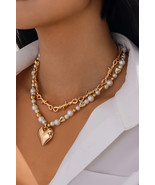 Gold Heart Pendant Pearl Chain 2pcs Necklace Set - $103.10 MXN