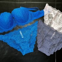 Victoria&#39;s Secret 36DD,38C Demi Bra Set Xxl Panty Lot Neon Blue Gray Pink Lace - £78.88 GBP