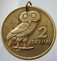 GREEK OWL CHARM Vintage 1973 Greece 2 Drachma Wisdom Goddess Athena Coin... - £15.62 GBP