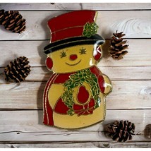Vintage Christmas Pin Snowman with Wreath Brooch Gold Tone Enamel Red Hat - £7.95 GBP