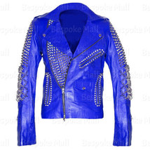 New Women Blue Full Heavy Metal Spiked Studded Classic Brando Leather Jacket-74 - £321.58 GBP