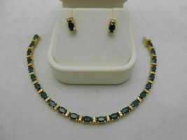 15Ct Blue Sapphire &amp; Diamond Tennis Bracelet &amp; Earring Set 14k Yellow Gold Over - £164.32 GBP