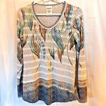 Vocal Women&#39;s Pullover Sweater Gray Green Leaf Long Sleeve Stretch Embel... - $14.84