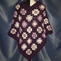 Granny Square Poncho in multiple Purples and White. - $45.00