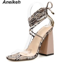 Aneikeh 2021 Summer PVC Gladiator Sandals Women Open Toe Ankle Strap Lace Up Hig - £37.86 GBP