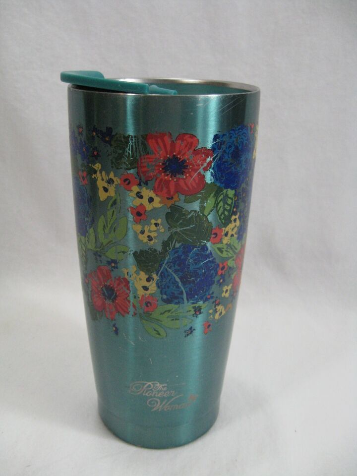 The Pioneer Woman Metal 20 Oz Travel Tumbler Teal Floral with Lid - $14.50