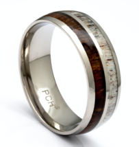 Deer Antler and Koa Wood Ring Titanium Mens Wedding Band Comfort Fit - £63.14 GBP