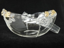 Glass Basket Bowl with Lucite Swing Handle Embossed Gold Roses Flowers 7.5&quot; - £11.93 GBP