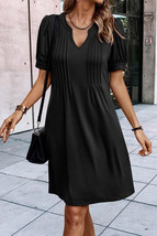 Black Notched Neck Pleated Puff Sleeve Shift T-shirt Dress - $253.83 MXN