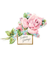 1960-70s Birthday Greetings Die Cut Pink Rose Bouquet Ephemera Thin Pape... - $19.99