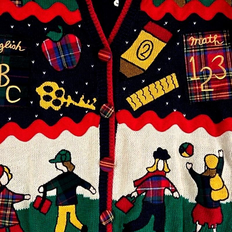 VTG 80s Belle Pointe School Theme Novelty Cardigan Sweater Teacher Chic M Item image 2