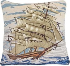 Pillow Throw Needlepoint Tall Ship 18x18 Down Insert Cotton Velvet Back Wool - £240.47 GBP