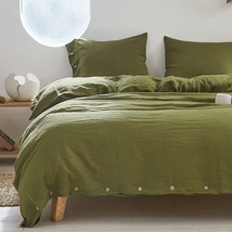 Olive Green Linen Softened Duvet Cover Twin Full Double Queen King Bedding Set - £27.65 GBP+