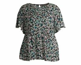 Baby Doll Top Black Floral Flutter Sleeve Shirt Womens Plus Size 0X 14W NEW - £7.09 GBP
