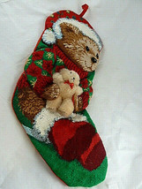 Needlepoint Christmas Stocking 19&quot; Dimentional teddy bear holding plush ... - $19.79