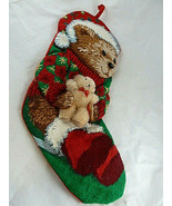 Needlepoint Christmas Stocking 19&quot; Dimentional teddy bear holding plush ... - £15.56 GBP
