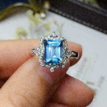 14K Placcato Oro Bianco 4Ct Smeraldo Finto Topazio Blu Diamante Engagement Ring - £115.05 GBP