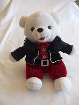 Snowflake White Teddy Bear Dressed Black Coat, Red Sparkles Shirt Red Pants  - £23.97 GBP