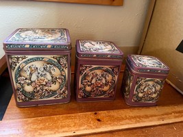 Enesco Lot of Nesting Purple w White Horses &amp; Rose Flowers Square Metal Tin Cont - £7.12 GBP