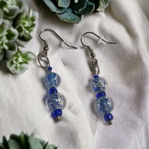 Glass Bubble Bead Blue Silver Tone Vintage Dangle Earrings Women Jewelry... - £11.09 GBP