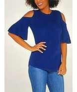 Isaac Mizrahi Live Cold Shoulder Flutter Short Sleeve Sweater Roal Navy ... - £7.46 GBP