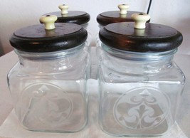 Vintage Glass Canisters W/ Frosted Design &amp; Wood Lids - Set Of 4 - From Estate - £62.86 GBP