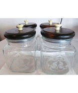 VINTAGE GLASS CANISTERS W/ FROSTED DESIGN &amp; WOOD LIDS - SET OF 4 - FROM ... - £62.67 GBP