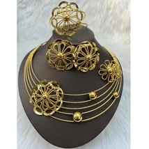 Luxury Gold Color Jewelry Set Flower Pendant Necklace Earrings and Bracelet Ring - £51.22 GBP