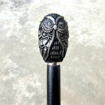 hand carved Unisex Owl metal handle With Black Wooden walking stick Easy to hold - £32.08 GBP
