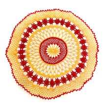 Vintage 28 inches Hand Crocheted Round Doily Red Yellow Center Table Wool - £10.27 GBP