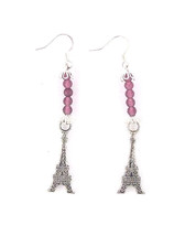 Earrings Eiffel Tower Charms Brown Silver Beads Sterling Hooks 2&quot; Long - £7.85 GBP