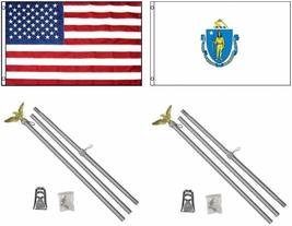 AES 3x5 3&#39;x5&#39; USA American w/State of Massachusetts Flag w/Two 6&#39; Aluminum Flagp - £43.86 GBP