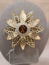 Vintage CATHIE Brooch Pendant Goldtone Rhinestone Amber Center Flower Daisy - £9.28 GBP