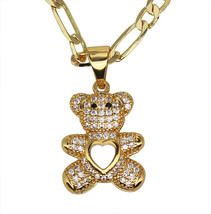 Small Teddy Bear CZ Pendant 20&quot; Figaro Necklace 14k Gold Plated Womens Jewelry - £7.12 GBP