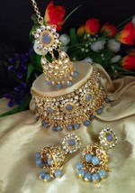 Bollywood Gold Plated Kundan Necklace Earrings Tikka Set Bridal Indian Jewelry - £29.13 GBP