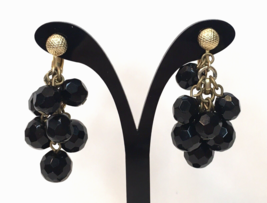 Black Earrings Clip On Dangle Gold Tone Dangle  Faceted Beads - £6.38 GBP