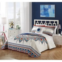 Queen size 4 Piece Cotton Blue White Boho Geometric Reversible Quilt Set - £146.80 GBP