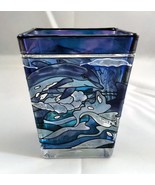 AMIA Hand Painted Stained Glass Blue Ocean Dolphins Votive Candle Holder - $17.54