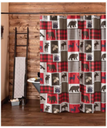 Rustic Lodge Theme Fabric Shower Curtain with Hooks Set Country Cabin Black Bear - $33.90