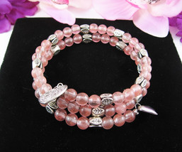 Vintage Heart Charms Wrap Bracelet Beaded Pink Glass Leaf Beads Silvertone Metal - £14.23 GBP